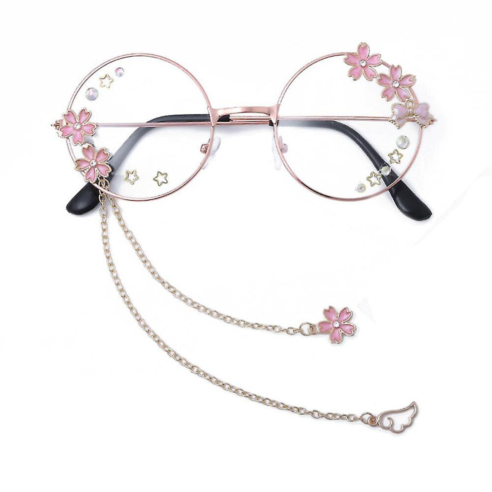 Kawaii Glasses With Chain Sakura Star Wing Decors Lolita Cosplay Prop Cute Round Frame Glasses Jk Accessories