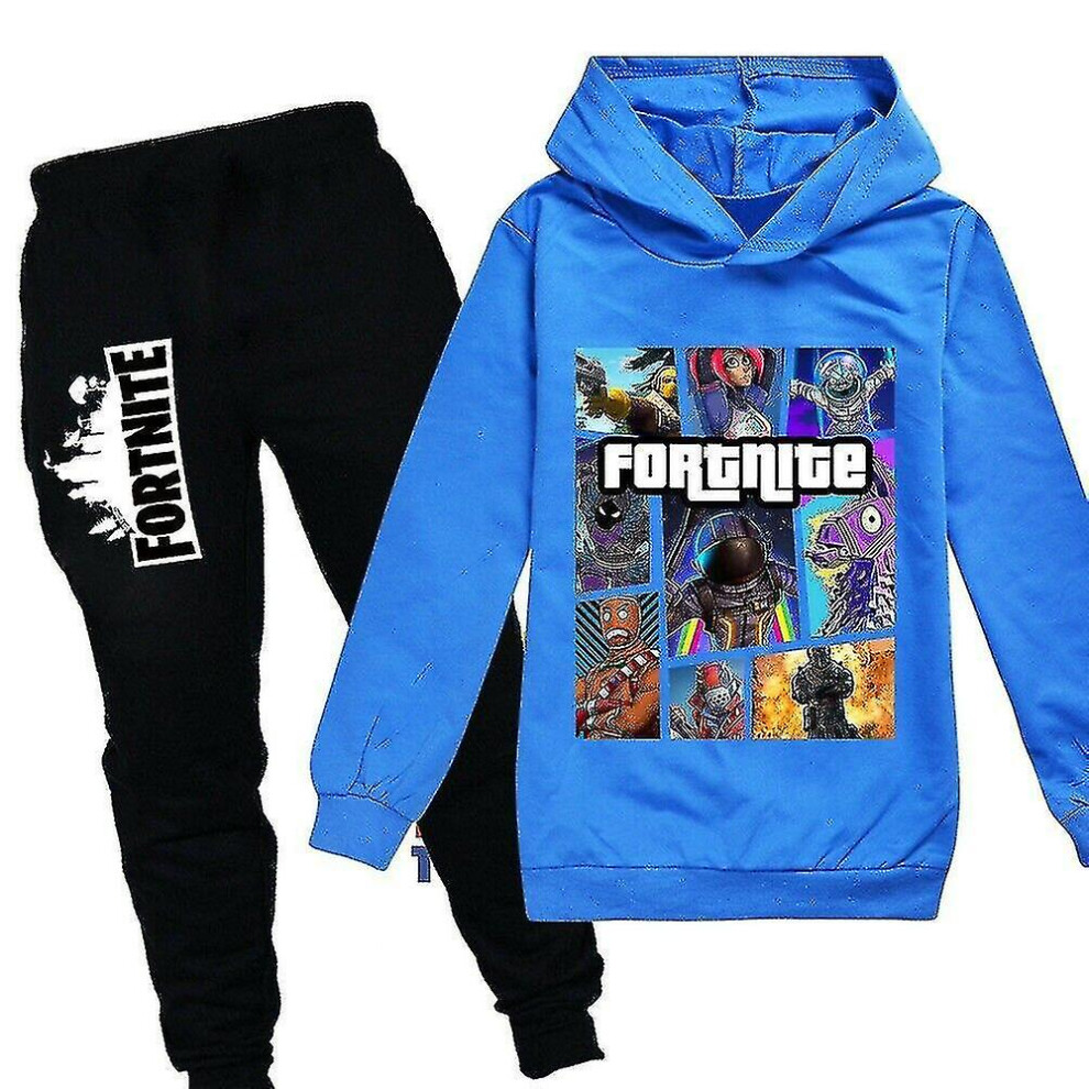 (BLue, 140 cm) Kids Fortnite Long Sleeve Hoodie Pants Suit Boys Tracksuit Sportswear_f