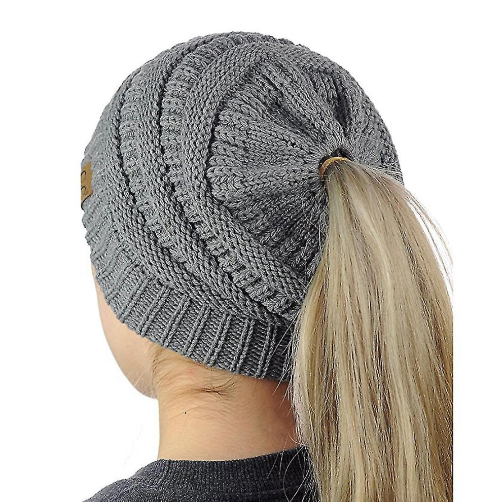 (Grey) Cc Letter Ponytail Cap Knitting Hat For Ladies