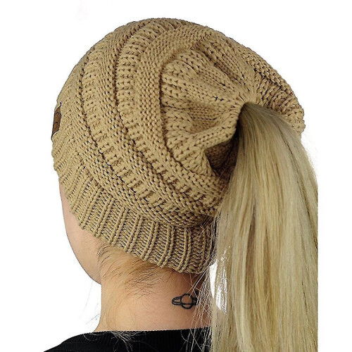 (Brown) Cc Letter Ponytail Cap Knitting Hat For Ladies