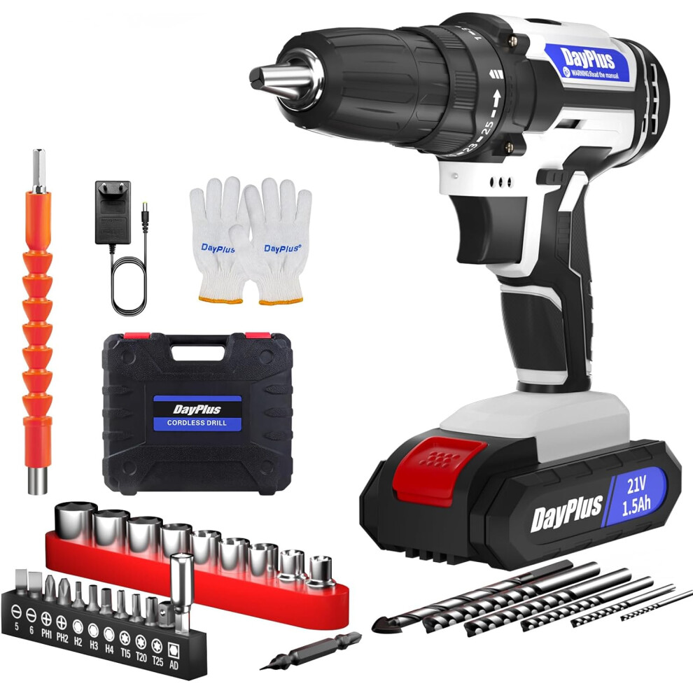 21V Cordless Power Drill Screwdriver Drill Set with 25+1 Torque Setting 2-Gear Combi Hammer Drill