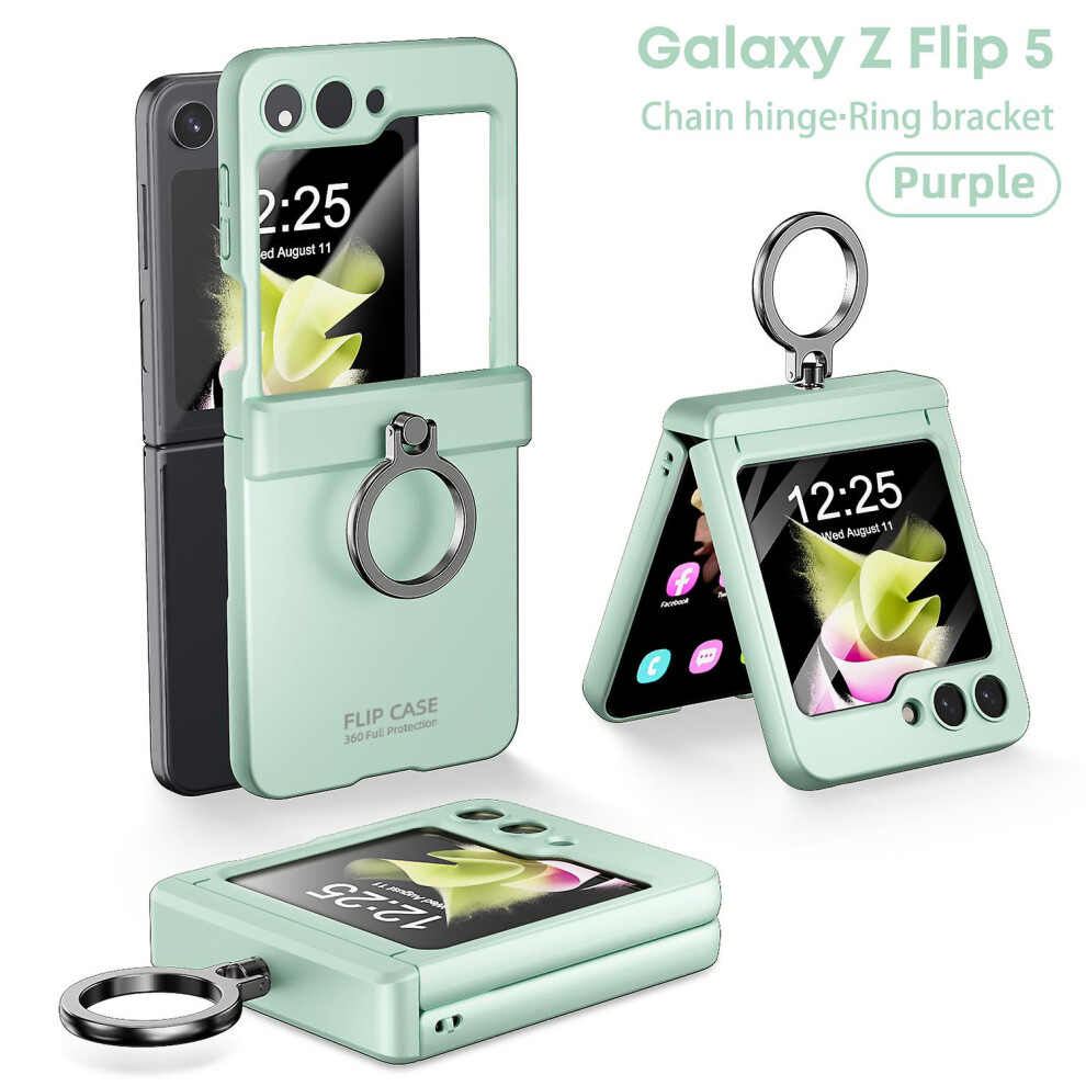 (Green) Z Flip 5 Case With Ring,Hinge Protection Built-In Glass Camera Screen Protector Case For Samsung Galaxy Z Flip 5 Green 4814699026113
