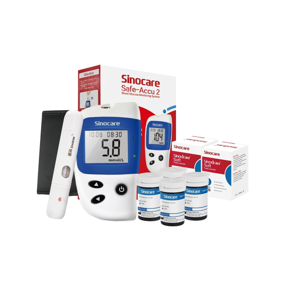 Sinocare (Safe Accu 2 Monitor + 100Pcs Strips&Lancets) Safe Accu 2 Blood Glucose Monitors Kit