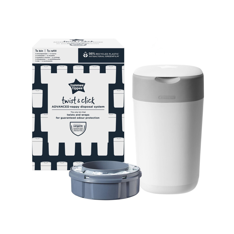 Tommee Tippee Twist and Click Advanced Nappy Bin & 1 x Refill Cassette White