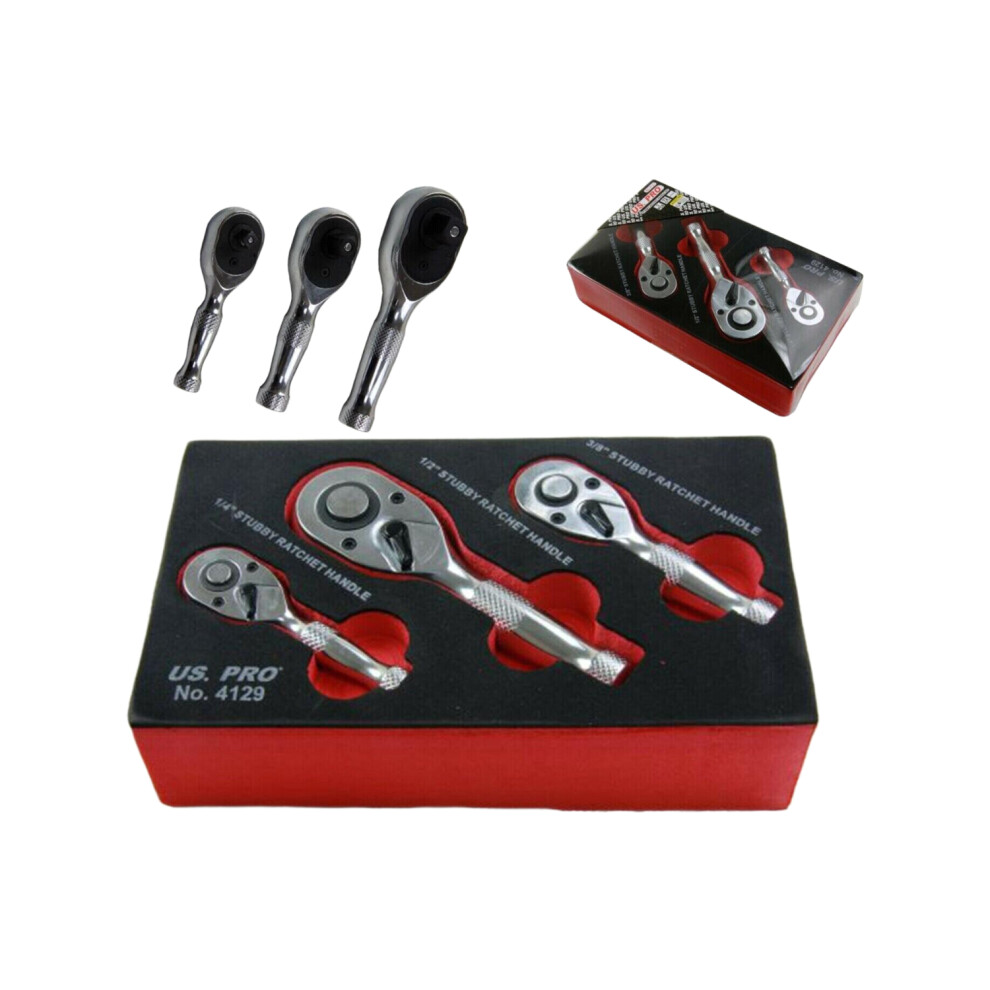 US PRO TOOLS 3pc Stubby Ratchet Handle Set 1/4" 3/8" 1/2" Short Socket Wrenches