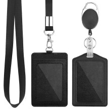 2 Pack Badge Holders, Vertical Pu Leather Id Badge Card Holder, With Detachable Neck Lanyard Strap And Retractable Badge Reel