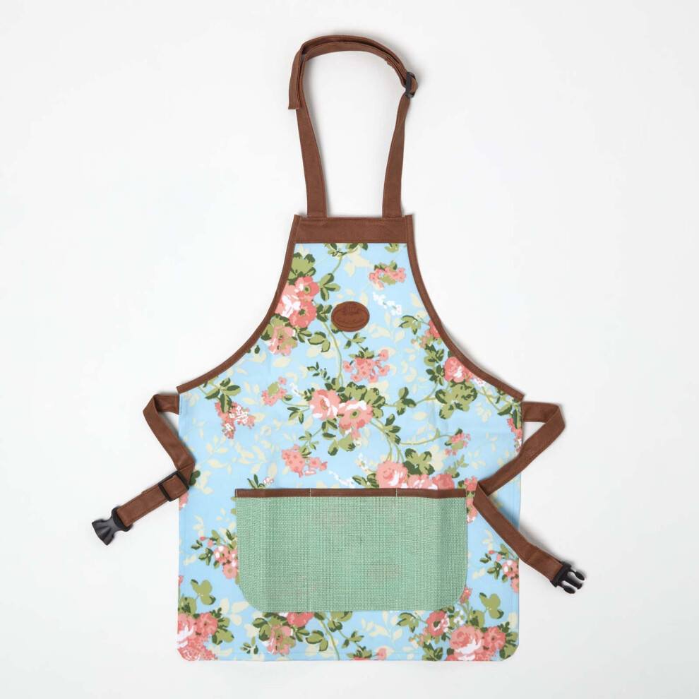 Blue and Pink Gardening Apron with Floral Rose Design