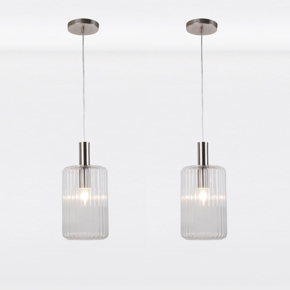 Set of 2 Clear and Brushed Chrome Fluted Glass Design Pendant Fittings