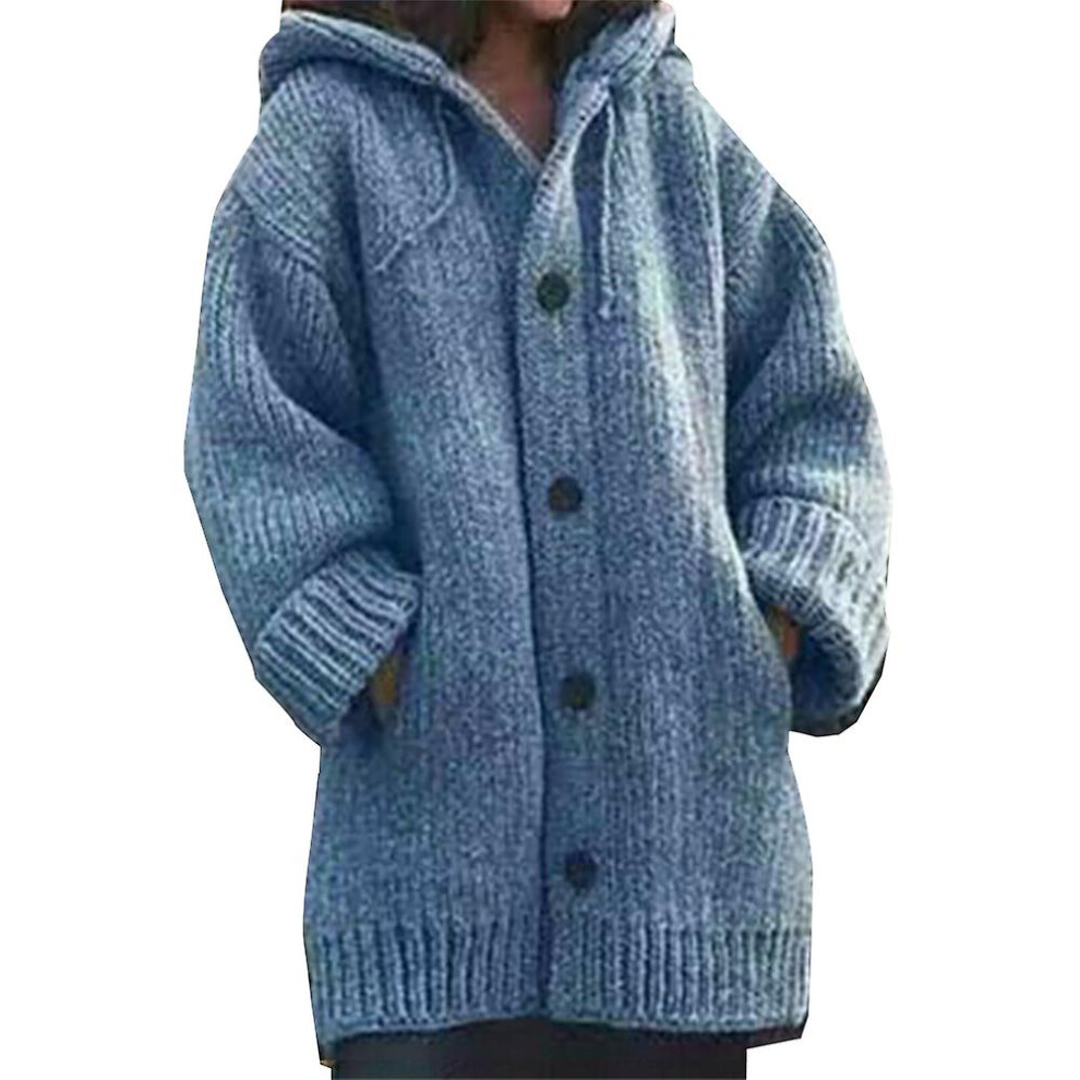 (Blue, 2XL) Women's Knitted  Hooded Long Cardigan