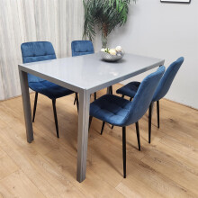 Dining Table and 4 Blue Velvet Chairs Grey  Glass Table 4 Velvet Chairs  Dining Room Furniture