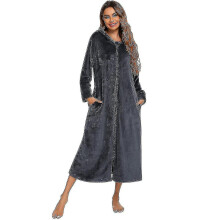 (Grey, XXL) Women's Zip Up Plush Fleece Robe Hooded Warm Long Bathrobe Dressing Gown Winter Cozy Zipper Lounger Sleepwear Housecoat Loungewear Nightgown