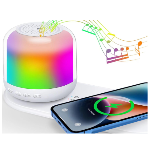 Chronus Bluetooth Speaker with Night Light and Wireless Charger, Touch Control Bedside Lamp Dimmable, Multi-Color Changing Bluetooth Speakers Table