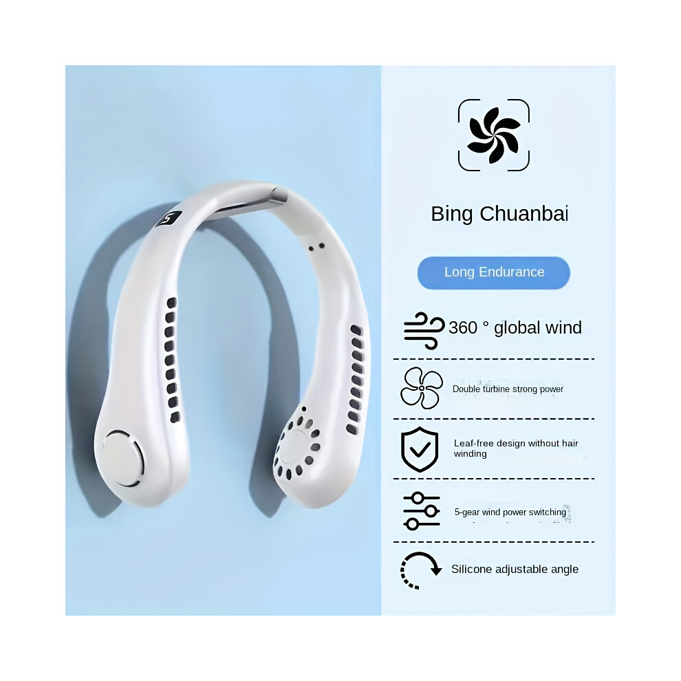 (White) USB Charging Fan Wearable Neck Fan 3 Speeds