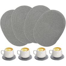 4 Pack Oval Woven Placemats 12 X 16 Inch Weavn Cotton Placemats With 4 Pack Round Fabric Coasters(gray)