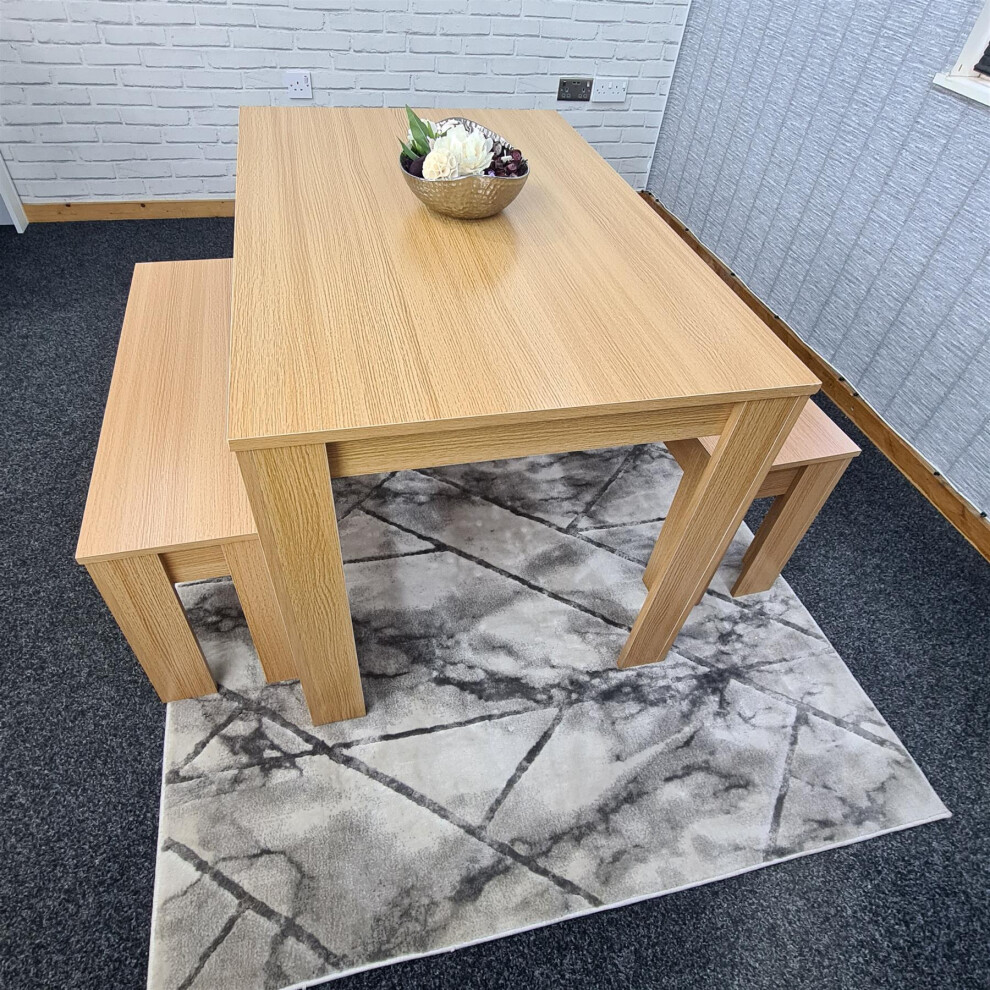 Dining Table and 2 Benches Oak Effect Wood Dining Room Furniture