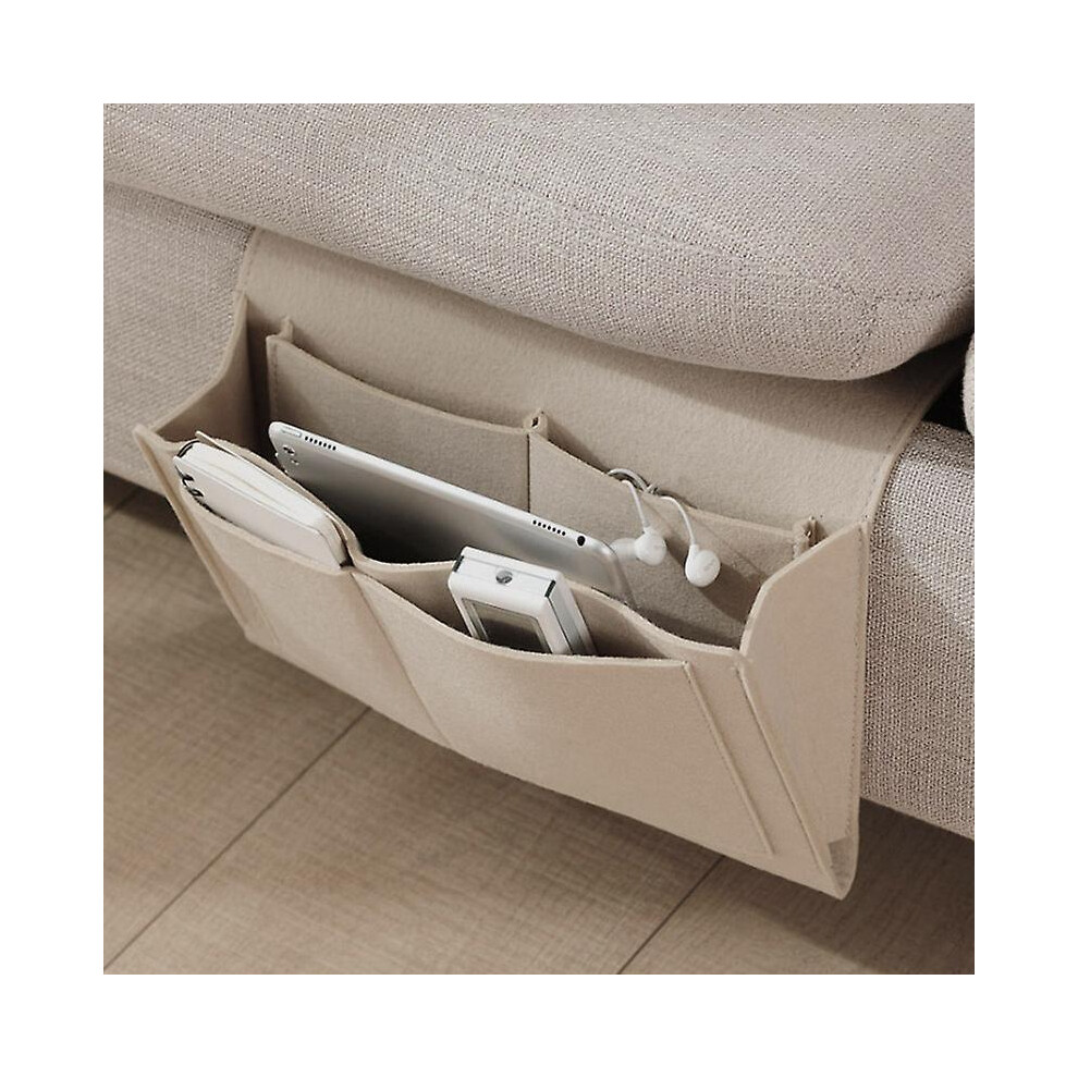 (Beige) Bedside Felt Storage Bag With Pockets Bed Sofa Desk Hanging Organizer For Phone