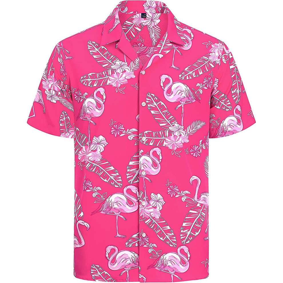 (Pink, XL) Mens Hawaiian Shirt Funky Flower Flamingo Beach Casual Short Sleeve Summer Shirts