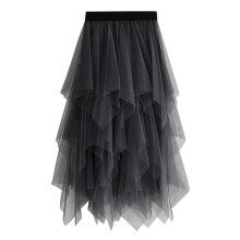 (Grey) Tulle Skirts For Women 3 Layered High Low Asymmetrical Midi Length Elastic Waist Mesh Tutu Skirts