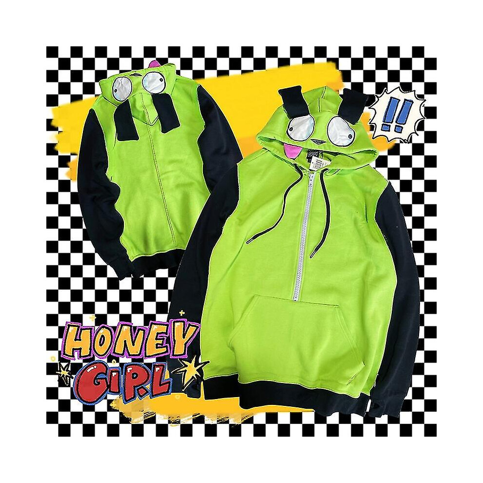 (2, S) Anime Invader Zim Cosplay Alien Zim Gir Doom Hoodies Jacket Coat Hooded Zip Up Pullovers Sweatshirts With Ears Halloween Costume