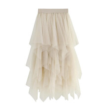 (Beige) Tulle Skirts For Women 3 Layered High Low Asymmetrical Midi Length Elastic Waist Mesh Tutu Skirts
