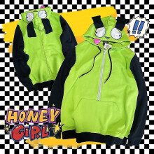 (2, L) Anime Invader Zim Cosplay Alien Zim Gir Doom Hoodies Jacket Coat Hooded Zip Up Pullovers Sweatshirts With Ears Halloween Costume