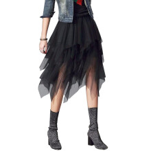 (Black) Tulle Skirts For Women 3 Layered High Low Asymmetrical Midi Length Elastic Waist Mesh Tutu Skirts