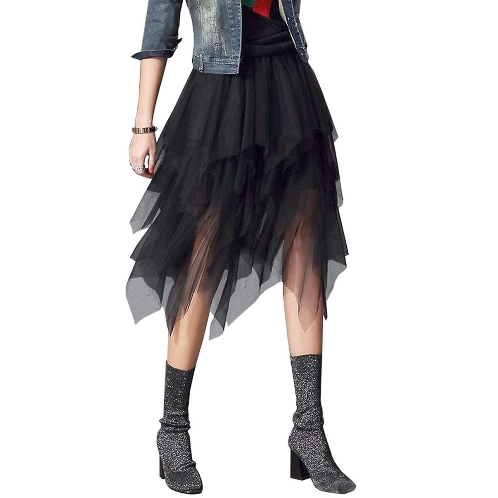 (Black) Tulle Skirts For Women 3 Layered High Low Asymmetrical Midi Length Elastic Waist Mesh Tutu Skirts