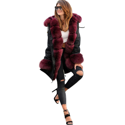 (wine red, s) Long Warmth Women's Fur Collar Classic Coat 2