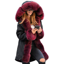 (wine red, s) Long Warmth Women's Fur Collar Classic Coat