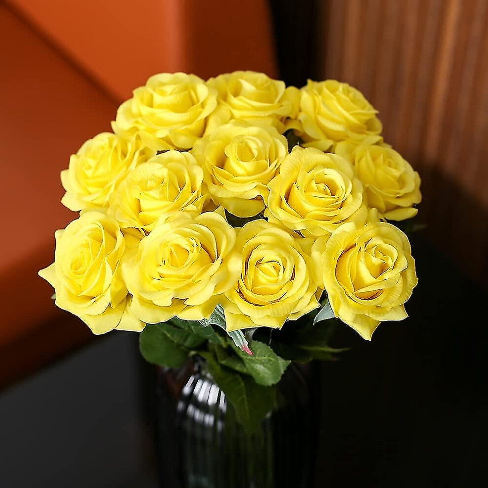 12Pcs Roses Artificial Flowers. Long Individual Stem Real Touch Rose Faux Yellow