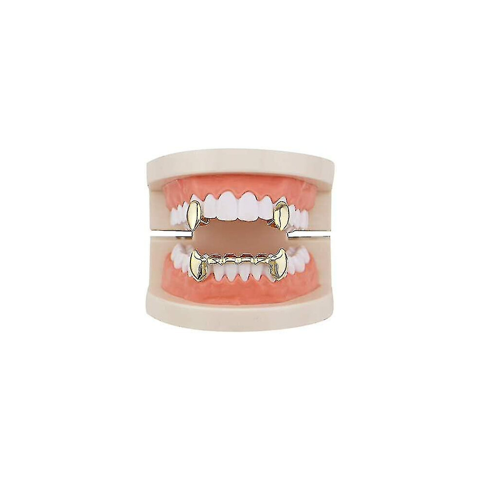18k Gold Plated Grillz Vampire Dracula Teeth Grillz 2pc Single Fangs And 6 Bottom Grillz Set