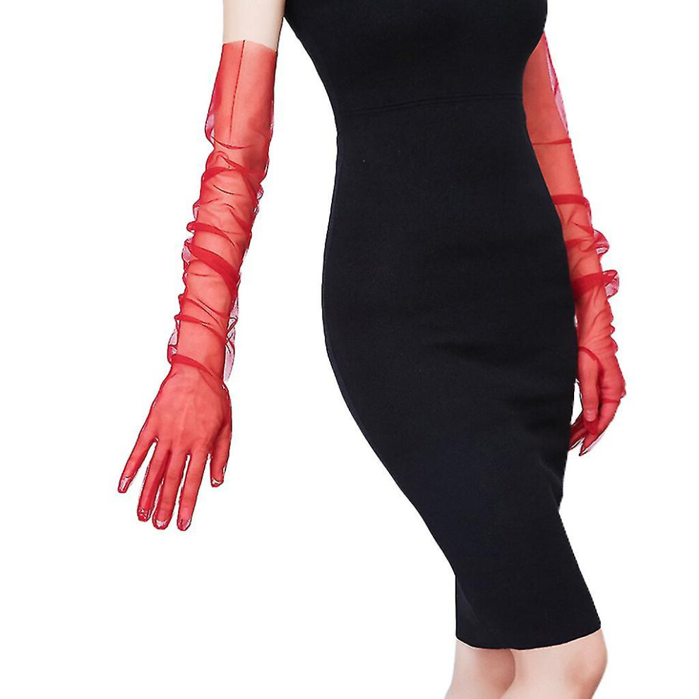 (Red) Women Tulle Elbow Long Wedding Gloves Solid Color Sheer Vintage Opera Mittens