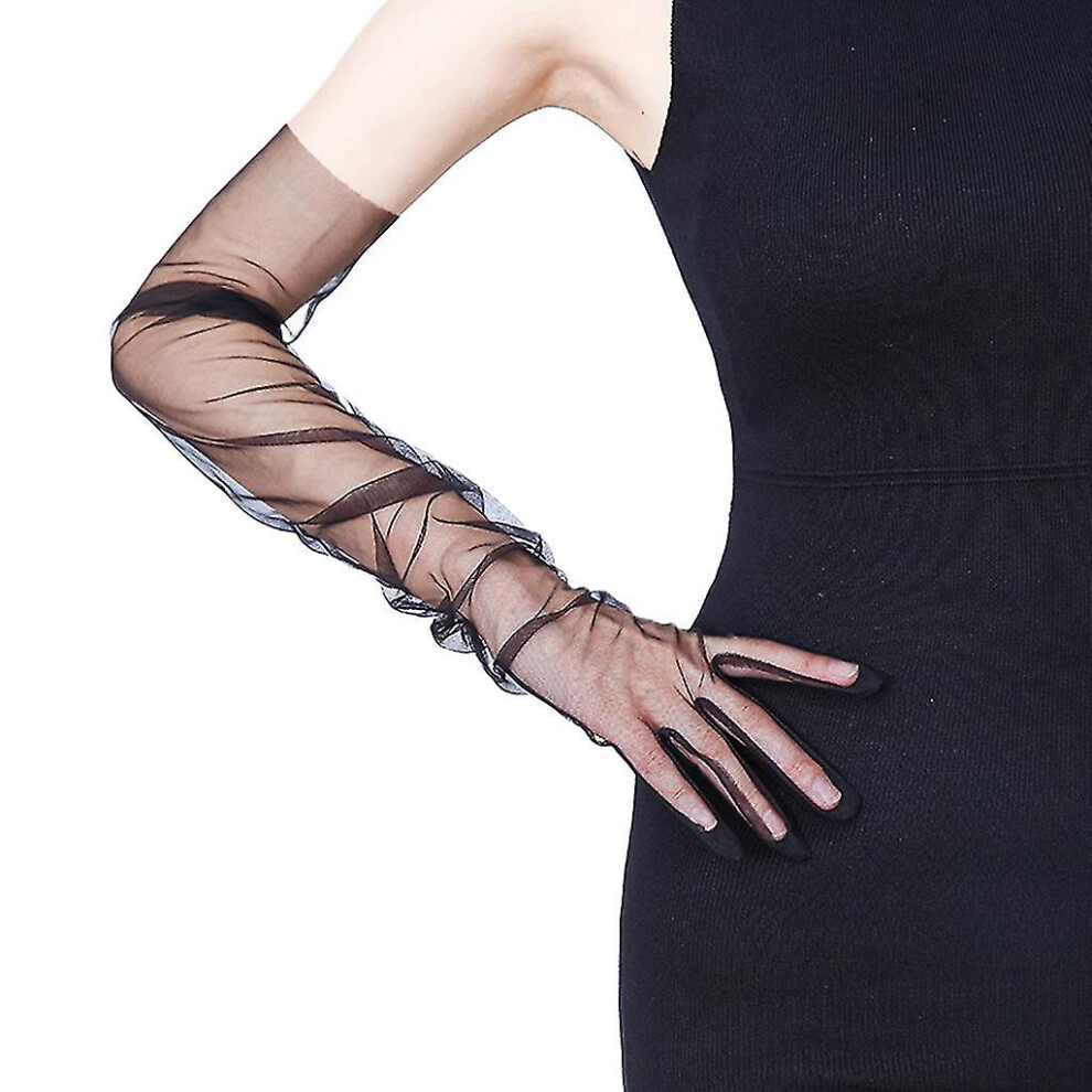 (Black) Women Tulle Elbow Long Wedding Gloves Solid Color Sheer Vintage Opera Mittens