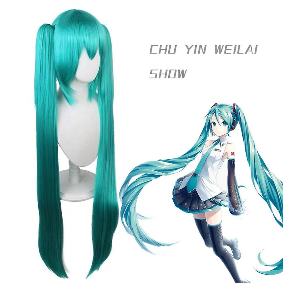 Unisex Green Hatsune Miku Wig Cosplay Party Wigs With 2 Ponytail Long Straight Wigs Halloween Carnival Props
