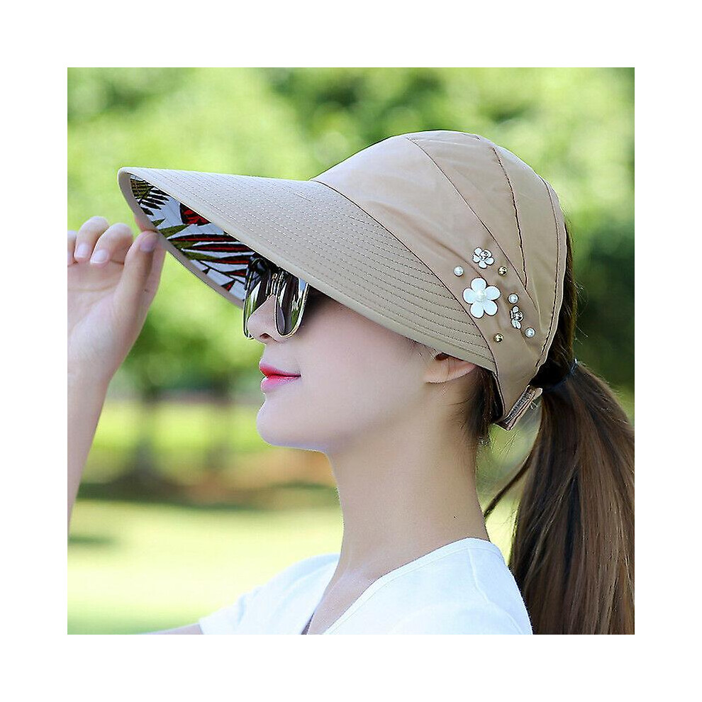 (Khaki Floral) Women Large Visor Hat Wide Brim Sun Anti-Uv Golf Tennis Cap Green