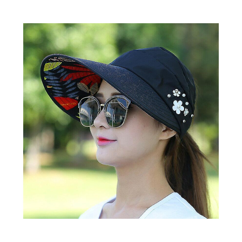 ( Floral) Women Large Visor Hat Wide Brim Sun Anti-Uv Golf Tennis Cap Black