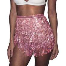 (Pink) Women's Sequin Tassel Skirts Rave Fringe Hip Scarf For Festival