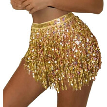 (Gold) Women's Sequin Tassel Skirts Rave Fringe Hip Scarf For Festival