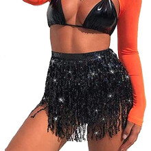 (Black) Women's Sequin Tassel Skirts Rave Fringe Hip Scarf For Festival