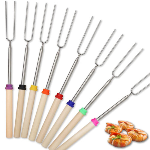 8 Pack Barbecue Forks, Marshmallow Roasting Sticks Extendable Stainless Steel Hot Dog Fork with Wooden Handle