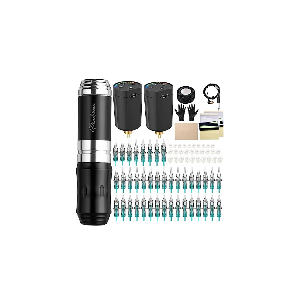 Wireless Tattoo Kit Rotary Tattoo Pen Set Complete Tattoo Machine Kit with 2Pcs Batteries 40Pcs Cartridges Needles for Beginners and Tattoo Artists