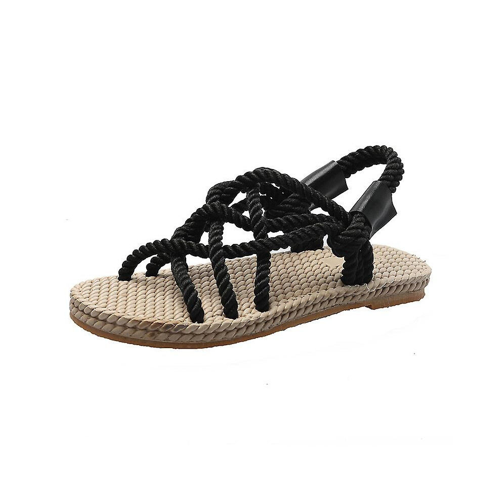 (black, 40) Handmade Hemp Gladiator Rope Sandals For Women Summer Women's Shoes