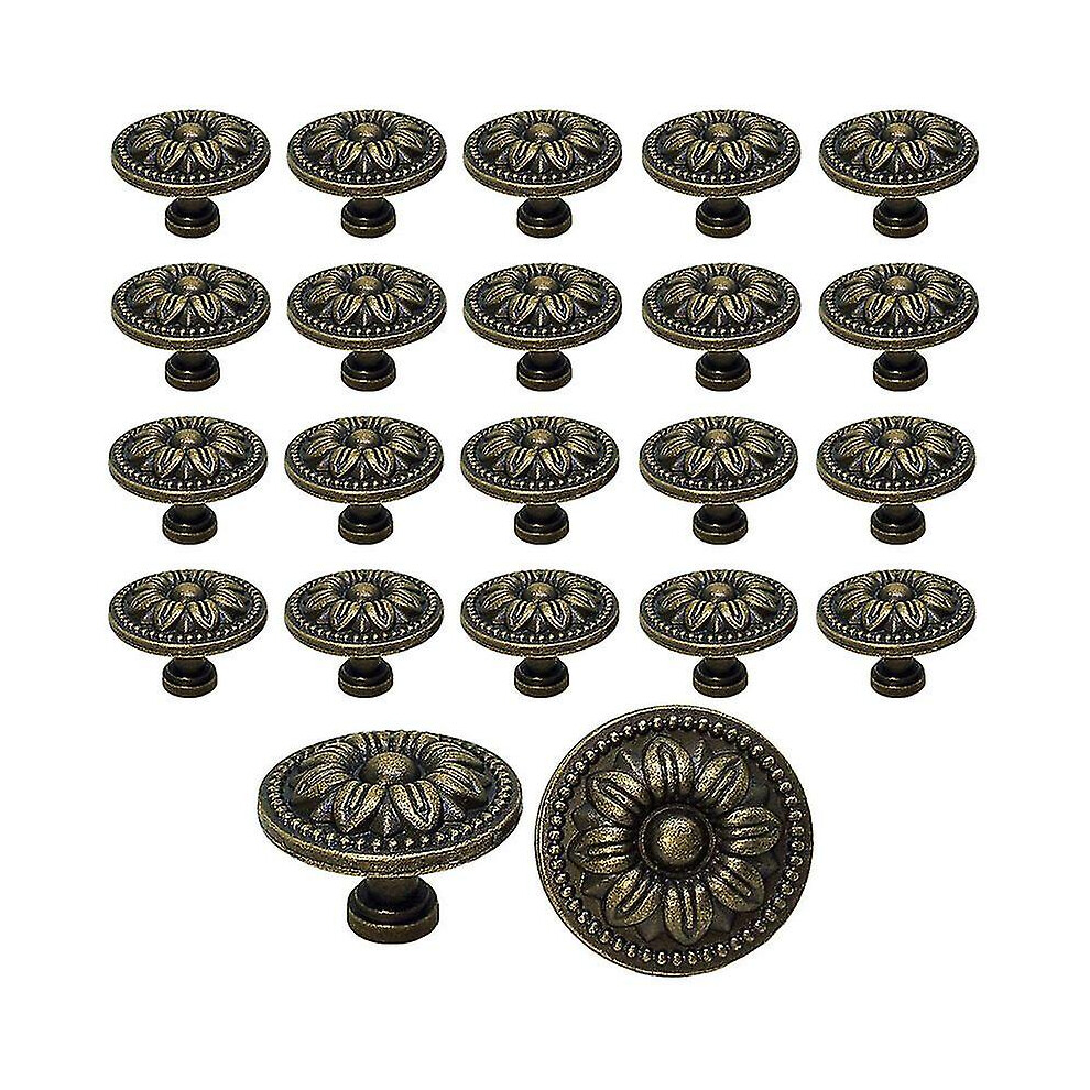 20Pcs Vintage Cupboard Door Drawer Knobs 35Mm Flower Design Brass Kitchen Cabinet Handles, For Dresser And Furniture Cupboard, Antique Bronze