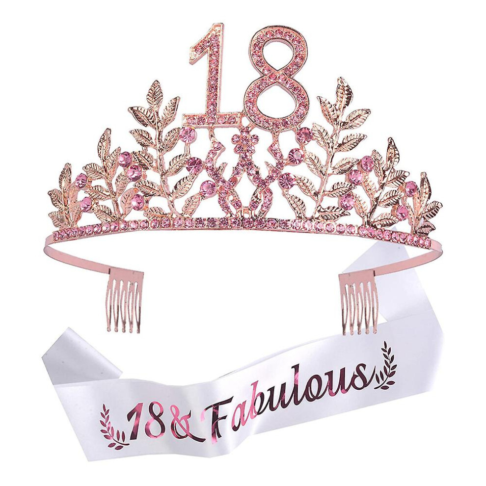 18th Pink Birthday Sash And Crown Hair Band, 18th Birthday Gifts For Women Party, Crown 12*6.8cm, Shoulder Strap 9.5*160cm
