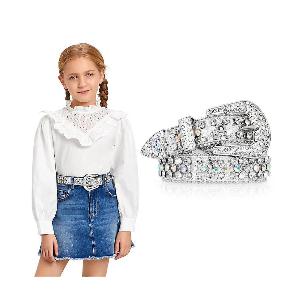 (silver, 105cm(41Inch)) Kid Rhinestone Belt For Boys And Girls, Western Cowboy Cowgirl Children Belt With Diamond Crystal Belt For Jean Pant