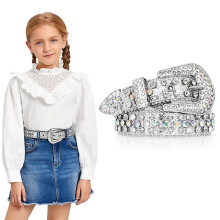(silver, 85cm(33Inch)) Kid Rhinestone Belt For Boys And Girls, Western Cowboy Cowgirl Children Belt With Diamond Crystal Belt For Jean Pant