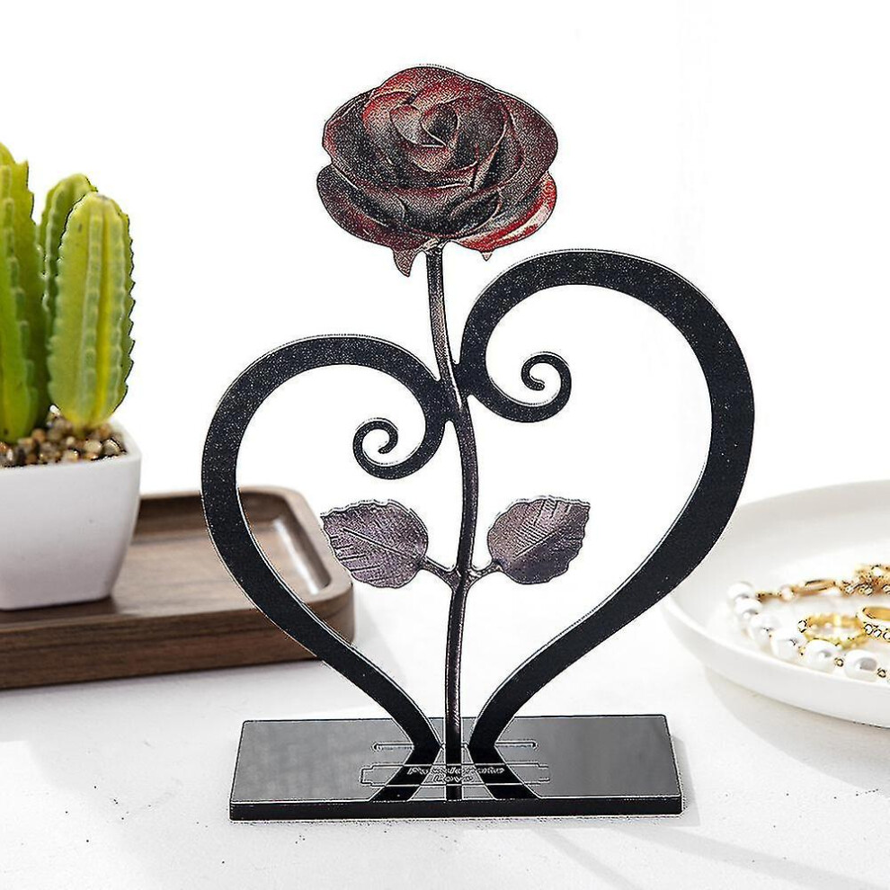 Gift Hand-forged Wrought Iron Red Metal Rose With Heart - Shaped Stand