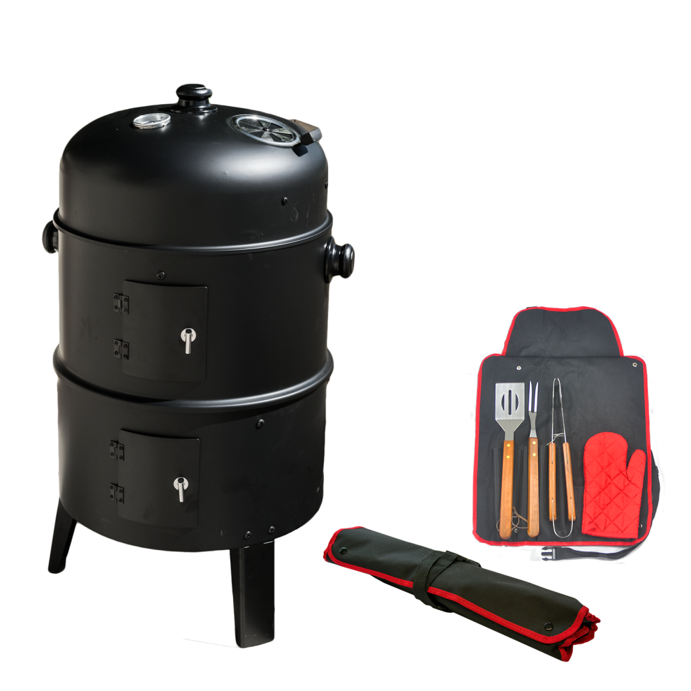 KCT  3 in 1 Upright BBQ Smoker - with Tool Set Outdoor Barbeque Cooking Grill