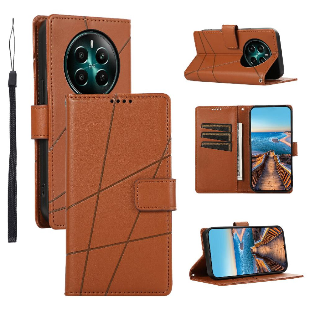 (Brown) Flip Case For Realme 12 Plus Three Card Slots Shockproof Shock Absorbing Kickstand Brown 764762761868