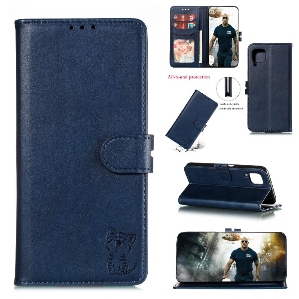 (Blue) Wallet Case For Samsung Galaxy A12 Embossed Magnetic Closure Kickstand Card Holder All Round Protection Blue 764762762476